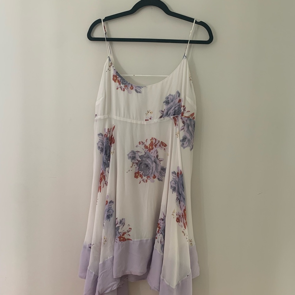 Free People White Floral Slip Dress with Lavender Hem
